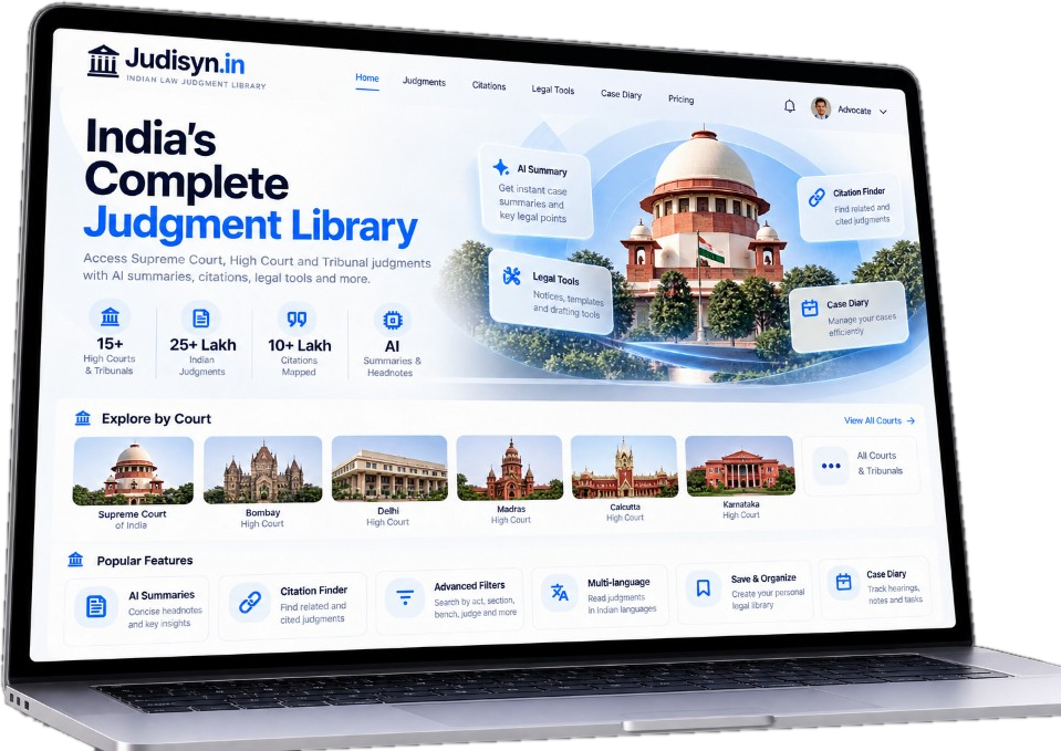Judisyn.in web app showing the judgment library home screen with AI summaries, citation finder and courts